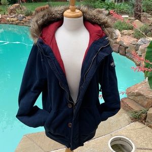 Hollister insulated hoodie sweat jacket faux fur trim navy/ted COMFY!
